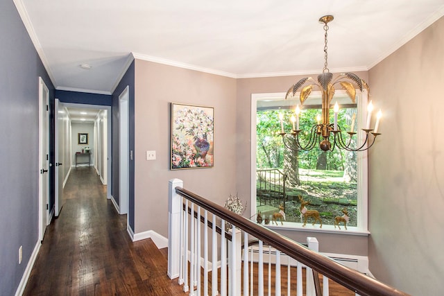 corridor with dark hardwood / wood-style flooring, ornamental molding, and a notable chandelier