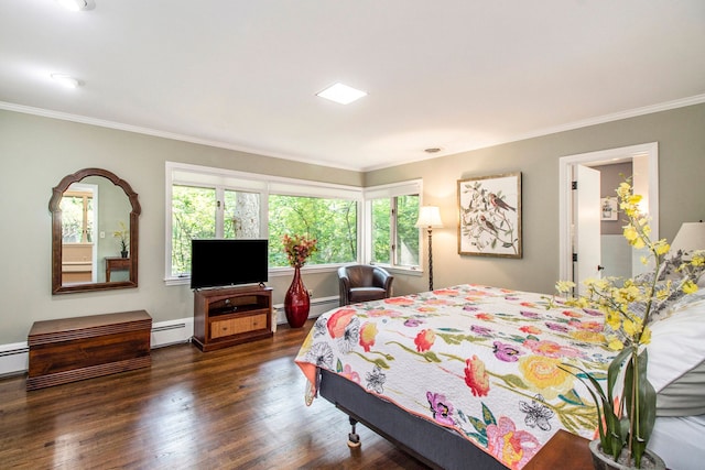 bedroom featuring a baseboard heating unit, crown molding, and dark wood-type flooring