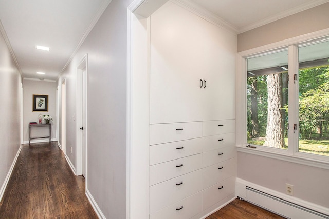 hall featuring baseboard heating, crown molding, and dark hardwood / wood-style floors