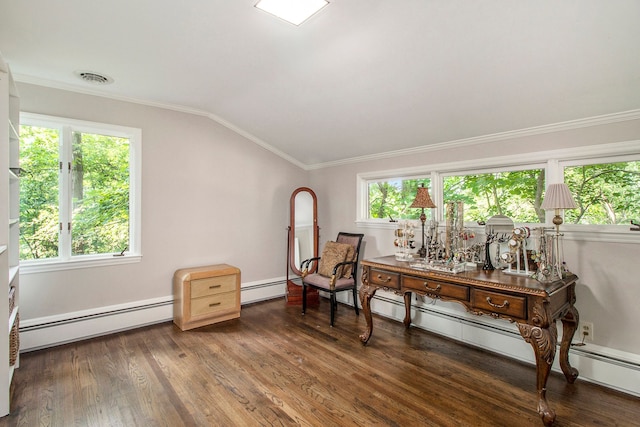 living area with a healthy amount of sunlight, lofted ceiling, baseboard heating, and dark wood-type flooring