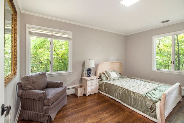 bedroom with dark hardwood / wood-style flooring, crown molding, and a baseboard heating unit