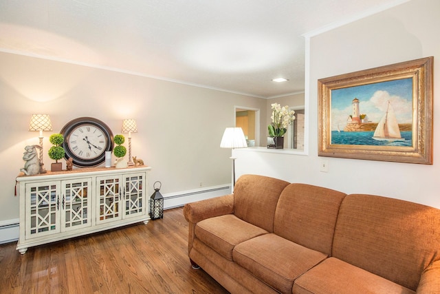 living room with hardwood / wood-style flooring, crown molding, and baseboard heating