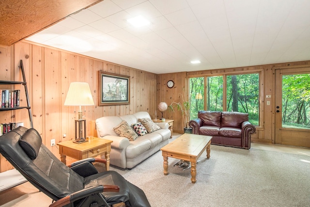 living room featuring wood walls