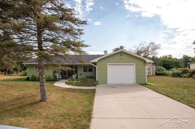 ranch-style house with a shed, a garage, and a front lawn