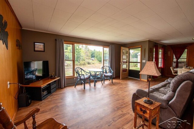4029 Cobblestone Ct, Beaverton, MI 48612 - living area with wood finished floors, crown molding, and wooden walls