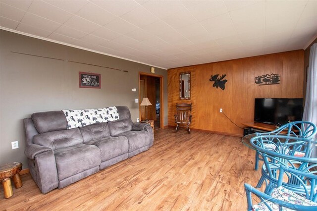 4029 Cobblestone Ct, Beaverton, MI 48612 - living room featuring light wood-style floors and wooden walls
