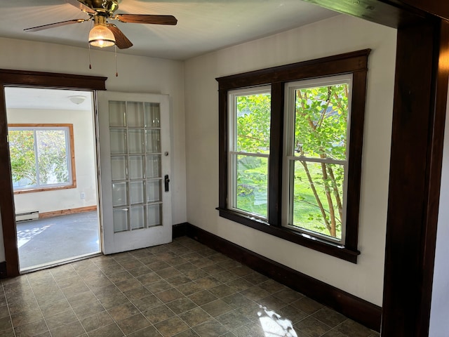 interior space featuring french doors, a baseboard radiator, plenty of natural light, and ceiling fan