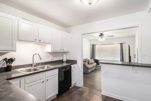 kitchen featuring dark hardwood / wood-style flooring, ceiling fan, sink, dishwasher, and white cabinetry