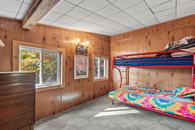 8918 W School Section Lake Dr, Mecosta, MI 49332 - bedroom with wooden walls, carpet flooring, and beam ceiling