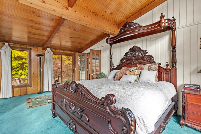 8918 W School Section Lake Dr, Mecosta, MI 49332 - bedroom with carpet, wooden walls, and wood ceiling