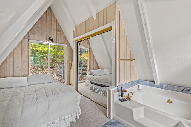 8918 W School Section Lake Dr, Mecosta, MI 49332 - carpeted bedroom with wooden walls and a closet
