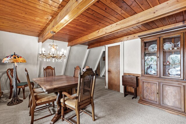 8918 W School Section Lake Dr, Mecosta, MI 49332 - dining area with light colored carpet, wood ceiling with exposed beams, and a chandelier