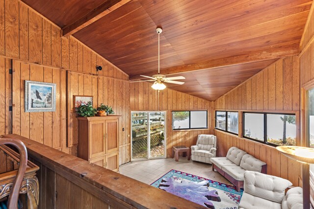 8918 W School Section Lake Dr, Mecosta, MI 49332 - tiled living room with ceiling fan, wooden walls, and wooden ceiling