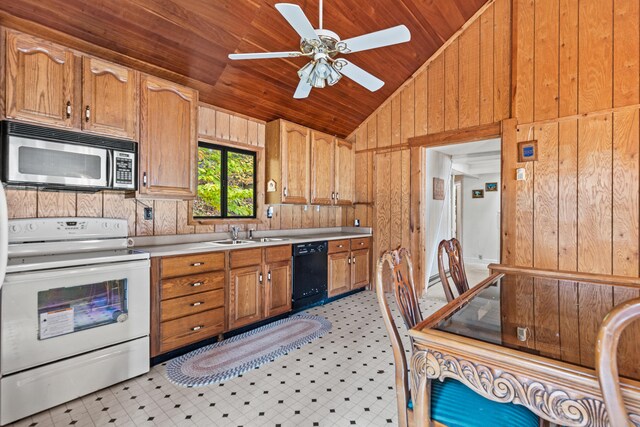 8918 W School Section Lake Dr, Mecosta, MI 49332 - kitchen featuring stainless steel microwave, white range with electric cooktop, black dishwasher, wood ceiling, and lofted ceiling