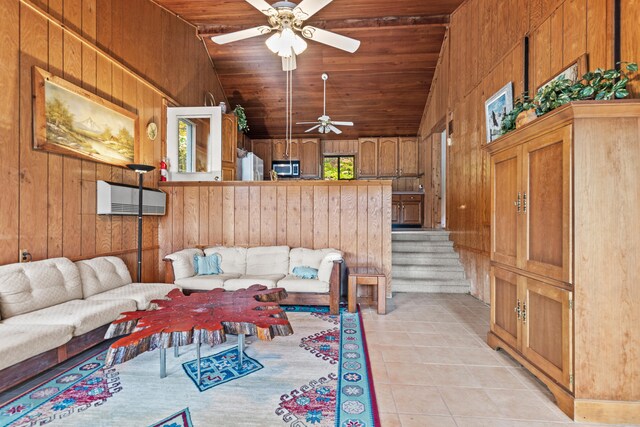 8918 W School Section Lake Dr, Mecosta, MI 49332 - living area with wood ceiling, wooden walls, lofted ceiling, a ceiling fan, and light tile patterned flooring