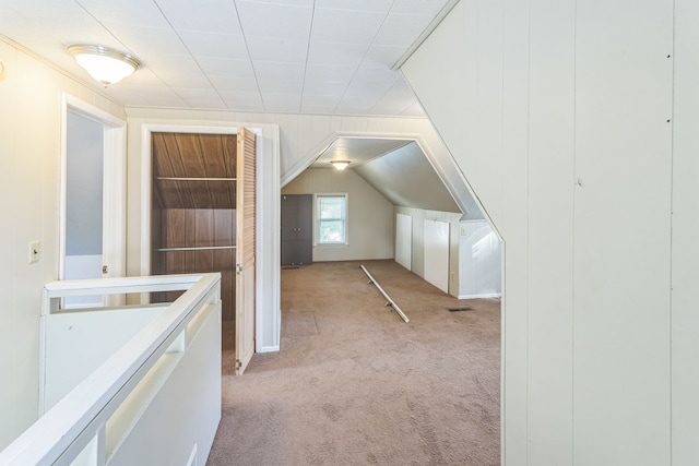 bonus room with light carpet and vaulted ceiling