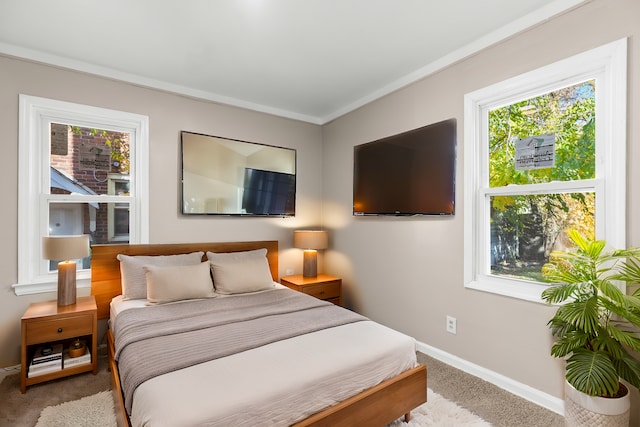 carpeted bedroom featuring multiple windows and crown molding