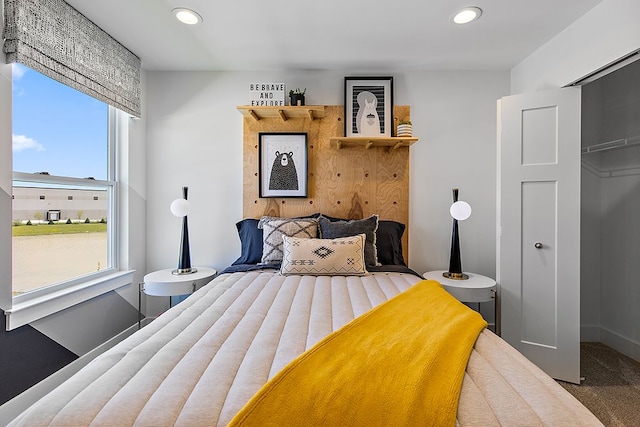 bedroom with carpet floors, a closet, a spacious closet, and multiple windows