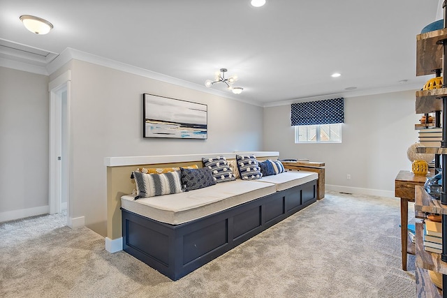 bedroom featuring crown molding, light carpet, and a chandelier