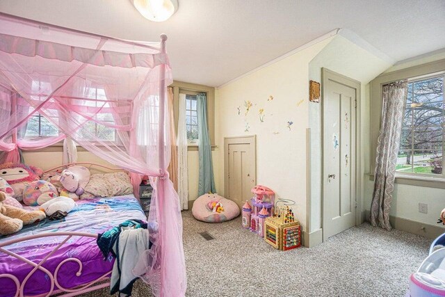 633 Marshall St, Allegan, MI 49010 - carpeted bedroom featuring vaulted ceiling