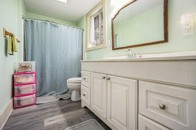 633 Marshall St, Allegan, MI 49010 - bathroom with toilet, vanity, wood finished floors, and a shower with shower curtain
