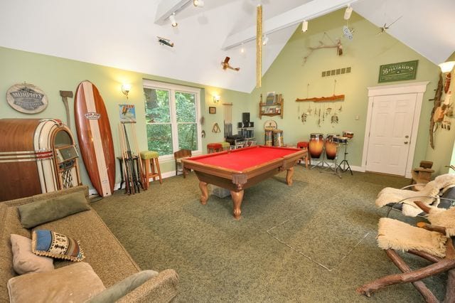 rec room with beam ceiling, high vaulted ceiling, track lighting, carpet, and pool table