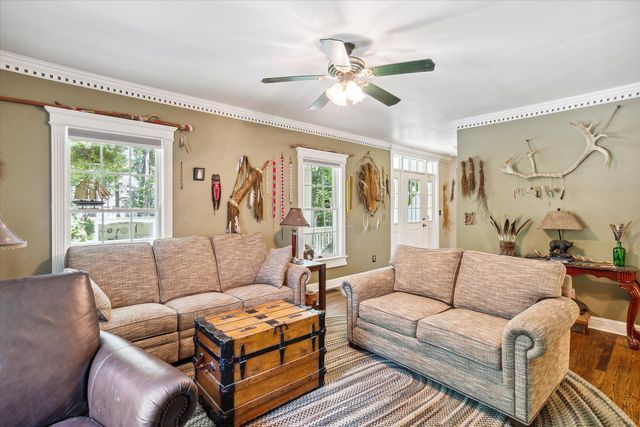 living room with ceiling fan and wood-type flooring