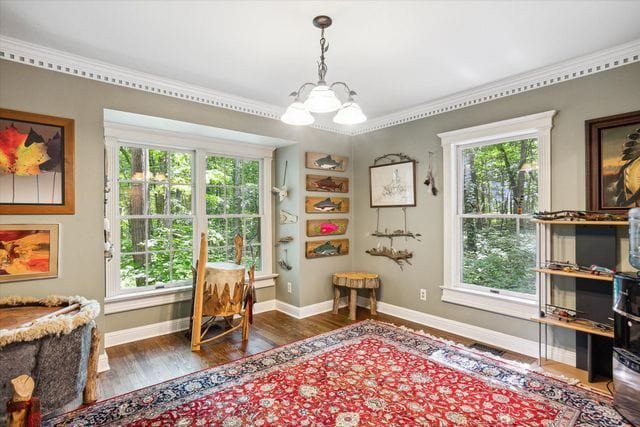 living area featuring a chandelier, a wealth of natural light, dark hardwood / wood-style flooring, and crown molding