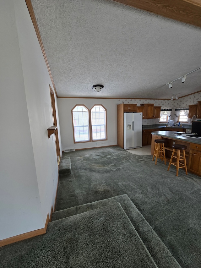 unfurnished living room with a textured ceiling, dark colored carpet, ornamental molding, and rail lighting