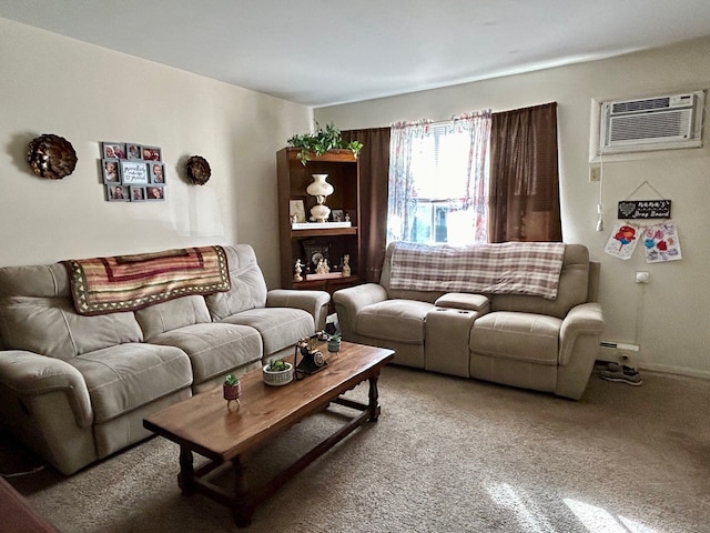 living area featuring light carpet, a wall mounted air conditioner, and baseboards