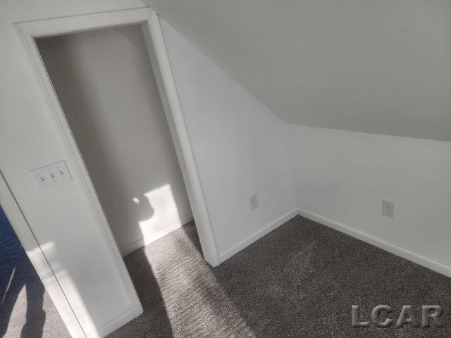 additional living space with lofted ceiling, carpet floors, and baseboards