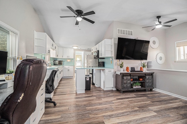 home office with plenty of natural light, dark hardwood / wood-style floors, and sink