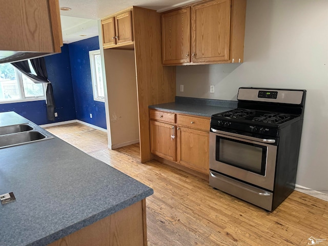 kitchen featuring gas stove, light hardwood / wood-style flooring, and sink