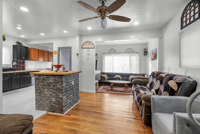 living room with ceiling fan and light hardwood / wood-style flooring