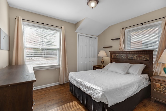 bedroom featuring a closet, lofted ceiling, dark hardwood / wood-style flooring, and multiple windows