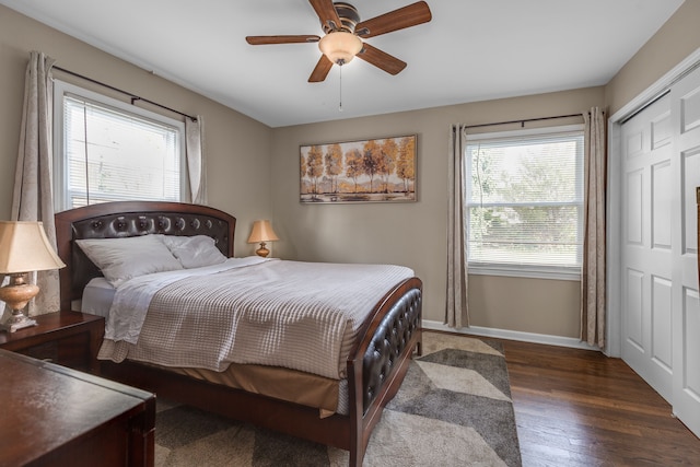 bedroom featuring dark hardwood / wood-style floors, ceiling fan, and a closet