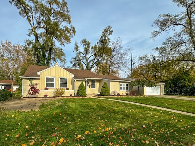 single story home with a garage and a front yard