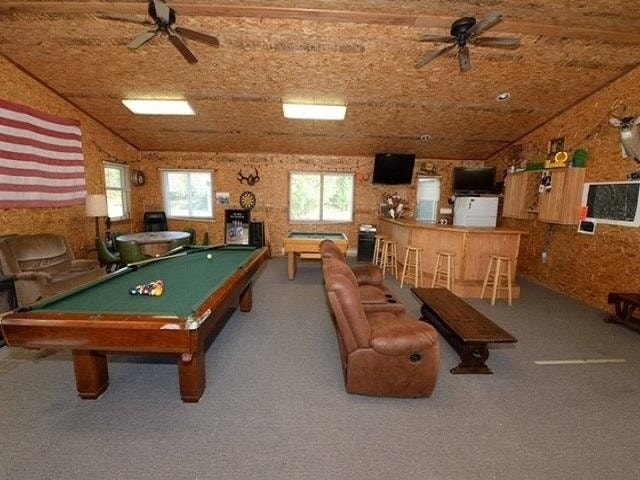 recreation room featuring carpet, ceiling fan, pool table, and vaulted ceiling