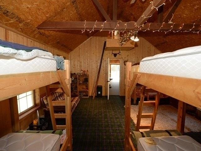 bedroom with lofted ceiling and wooden walls