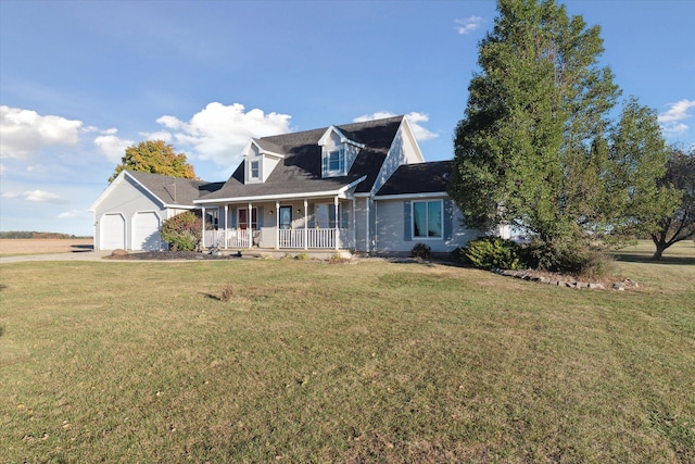 cape cod home with a front lawn, covered porch, and a garage