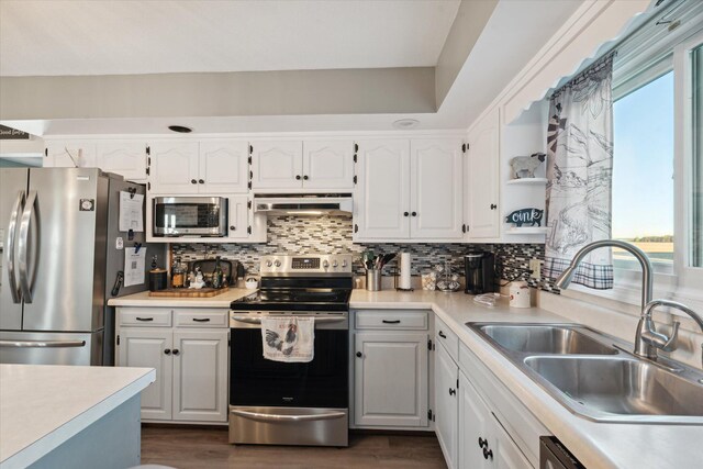 kitchen featuring white cabinets, sink, range hood, plenty of natural light, and stainless steel appliances