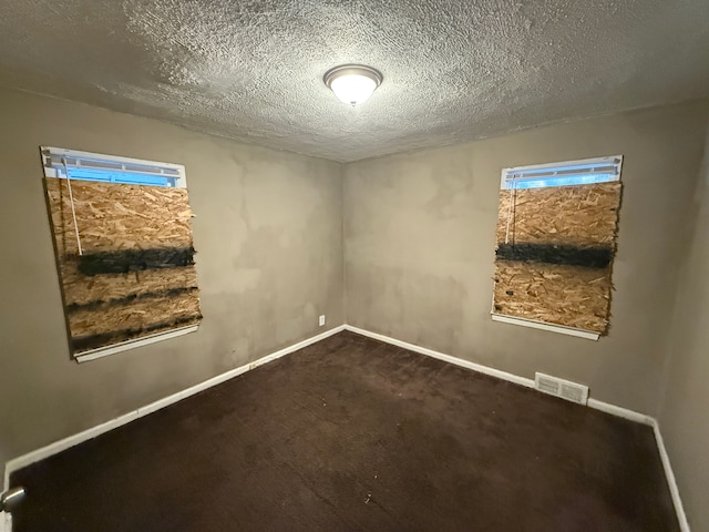 carpeted spare room with a textured ceiling