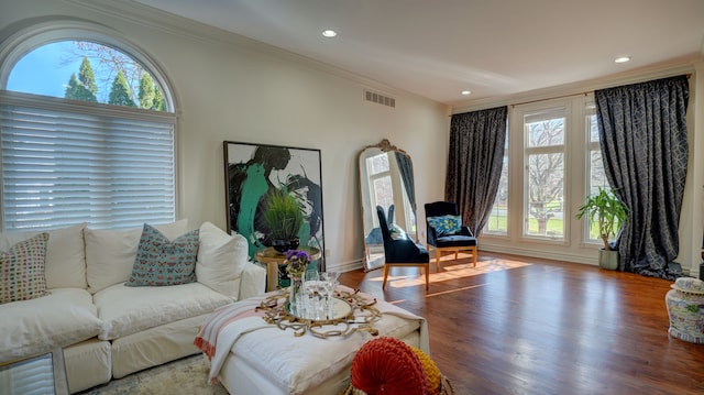 living room with wood-type flooring, ornamental molding, and a wealth of natural light