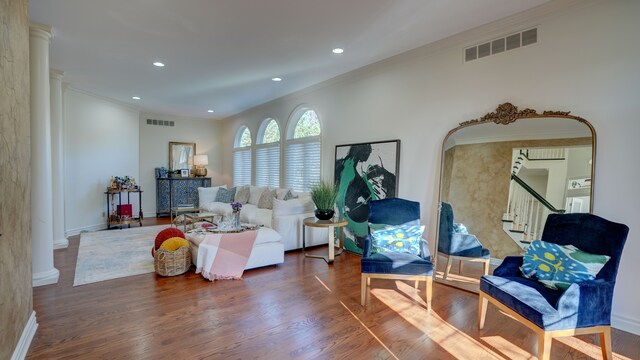 5280 O Connor Pass, Swartz Creek, MI 48473 - living room featuring ornate columns, ornamental molding, stairs, wood finished floors, and recessed lighting