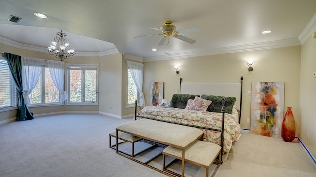 carpeted bedroom featuring ceiling fan with notable chandelier and ornamental molding