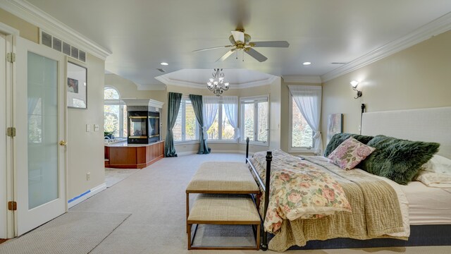 5280 O Connor Pass, Swartz Creek, MI 48473 - bedroom with carpet, baseboards, crown molding, a multi sided fireplace, and recessed lighting