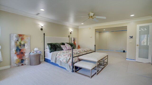 5280 O Connor Pass, Swartz Creek, MI 48473 - bedroom with light carpet, recessed lighting, ornamental molding, baseboards, and ceiling fan
