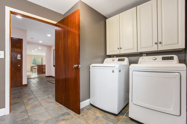 6700 Bethuy Rd, Ira, MI 48023 - laundry room featuring cabinet space, baseboards, washing machine and clothes dryer, and recessed lighting