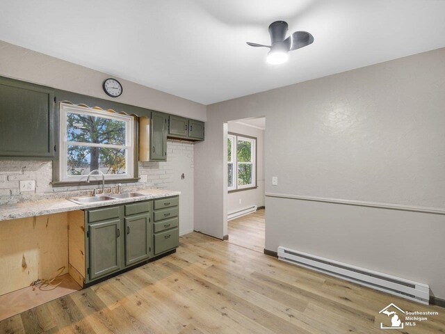 6405 Stillwater Ct, Erie, MI 48133 - kitchen featuring a baseboard radiator, a sink, backsplash, and green cabinets