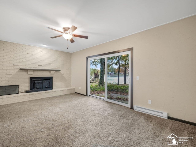 6405 Stillwater Ct, Erie, MI 48133 - unfurnished living room with baseboard heating, ceiling fan, carpet floors, and a fireplace